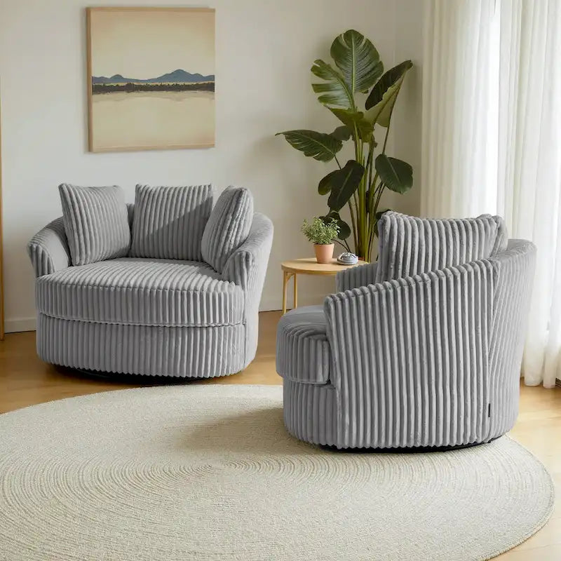2 Set Oversized 43 W Plush Corduroy Swivel Barrel Chair with Pillows – Image 37