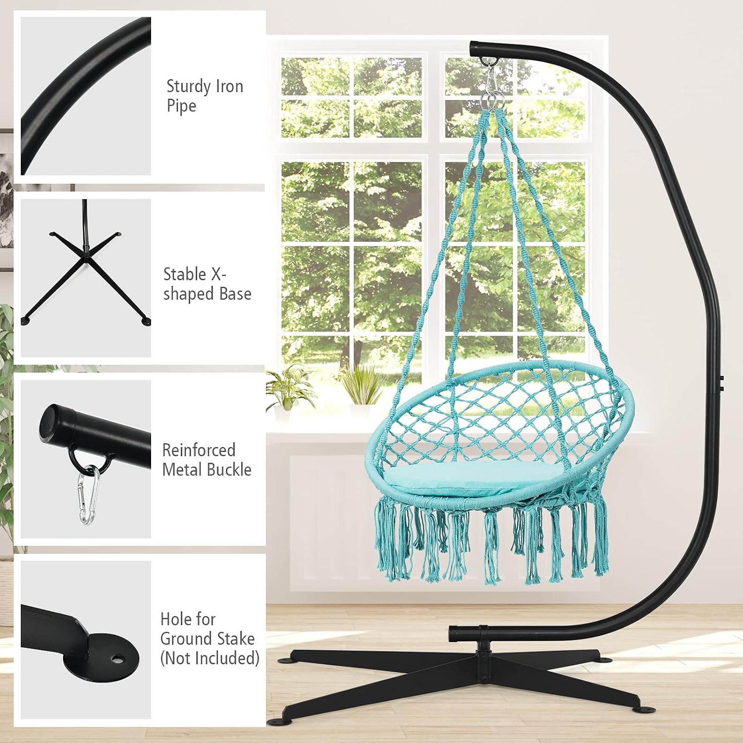 GIANTEX Support Fauteuil Suspendue Structure Métallique Robuste, pour Fauteuil Hamac Suspendu d'Intérieur et d'Extérieur/Balançoire Nid d'Oiseau, Charge de 150 kg, 111 x 84 x 207 cm, Noir – Image 8