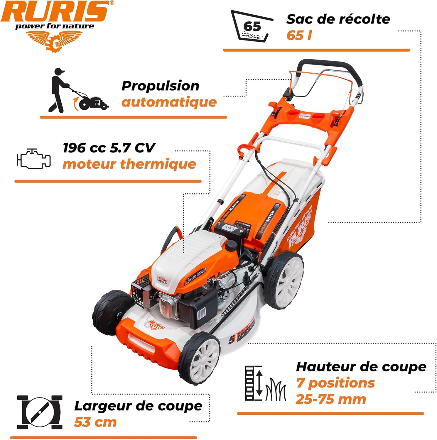 RURIS POWER FOR NATURE Tondeuse à Gazon Thermique 5 en 1 Mulching 5,7 CV 196cc RX500S, Orange – Image 2