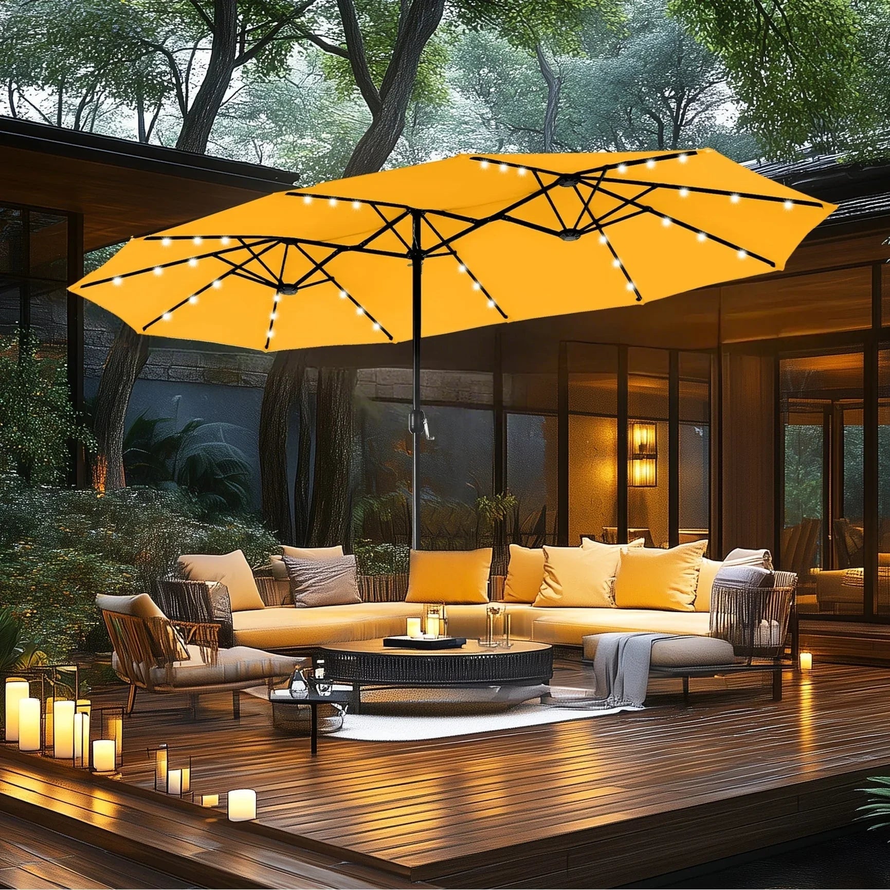 MAISON ARTS 15-foot Rectangular Crank Double-sided Outdoor Market Umbrella Solar LED Lighted Patio Umbrella with Base Included – Image 14