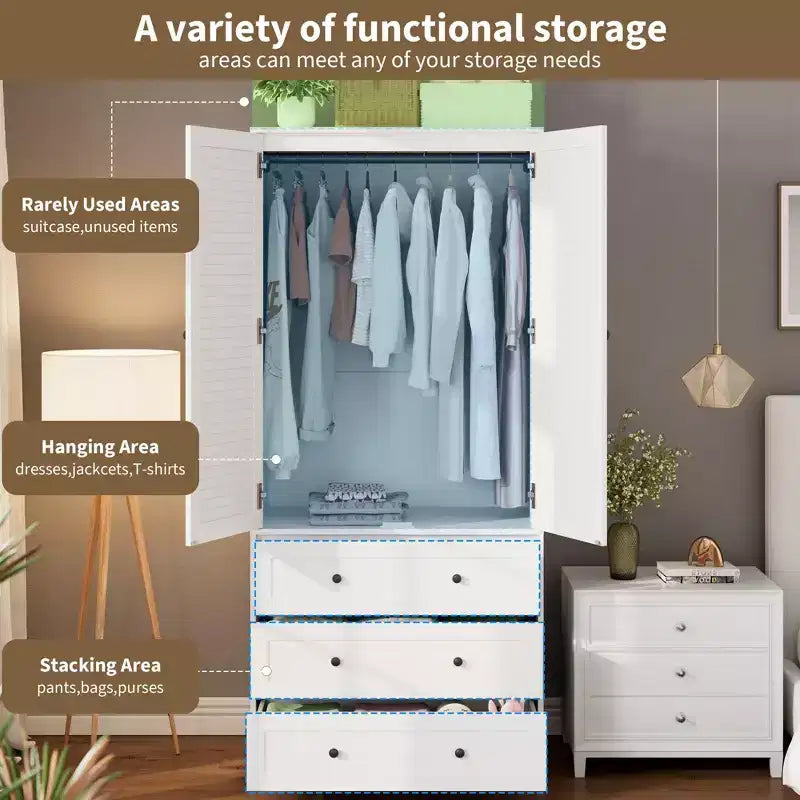COZONY Armoire Wardrobe with 3 Drawers & 2 Doors, Modern Wooden Closet Cabinet for Bedroom, Heavy Duty White Standing Armoire – Image 14