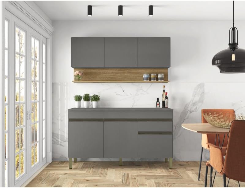 KITS PARANA Cuisine Equipée 6 Portes 1 Tiroir Chêne et Gris L 120 H 200 P 53.3 cm – Image 2