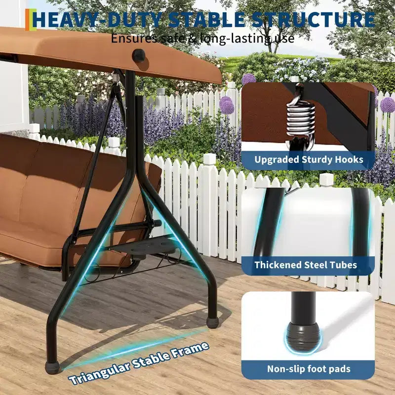 Coolmee 3 Seat Outdoor Porch Swing, 2-in-1 Patio Swing Chair with Thickened Removable Cushions, Weather Resistant Steel Frame for Backyard, Garden – Image 7