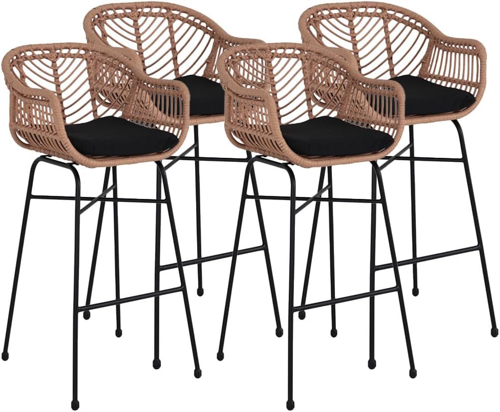 Lisa Design - Rosano - lot de 4 tabourets - effet rotin - bois et noir, Noir/Bois