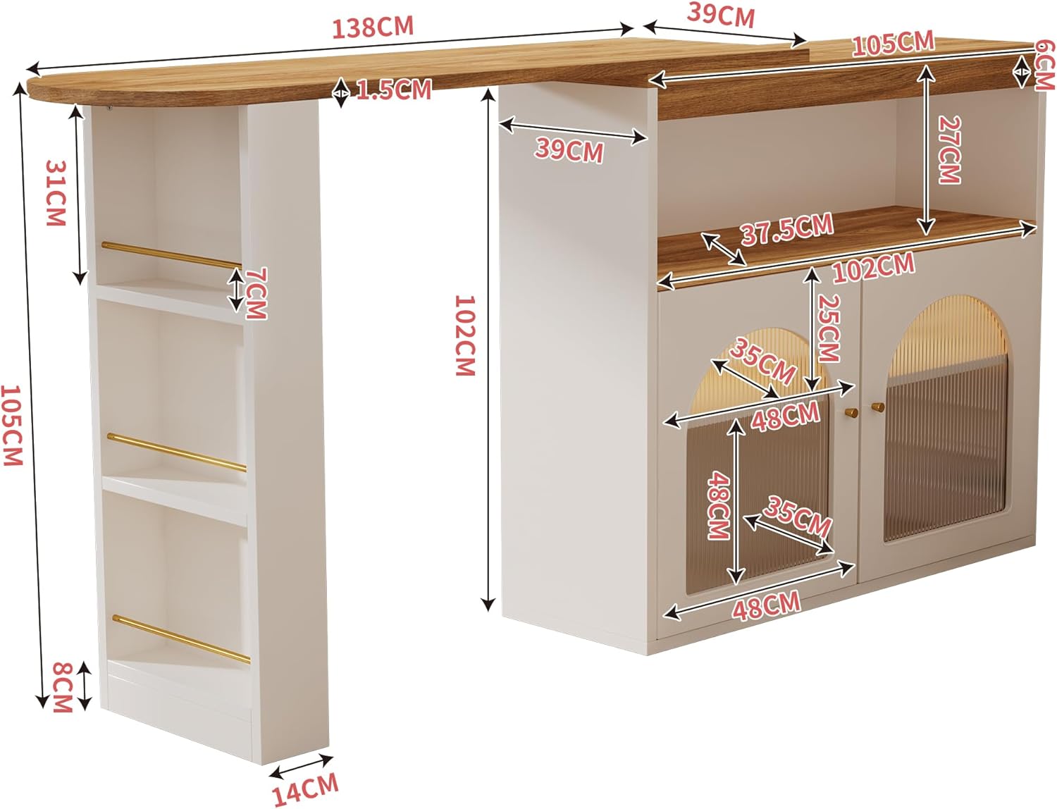 Table de bar extensible avec espace de rangement, table de bistrot avec 2 portes en verre, rotation libre à 360 °, étagères réglables, petite table de cuisine, table haute pour bar de maison, 138-193 – Image 2
