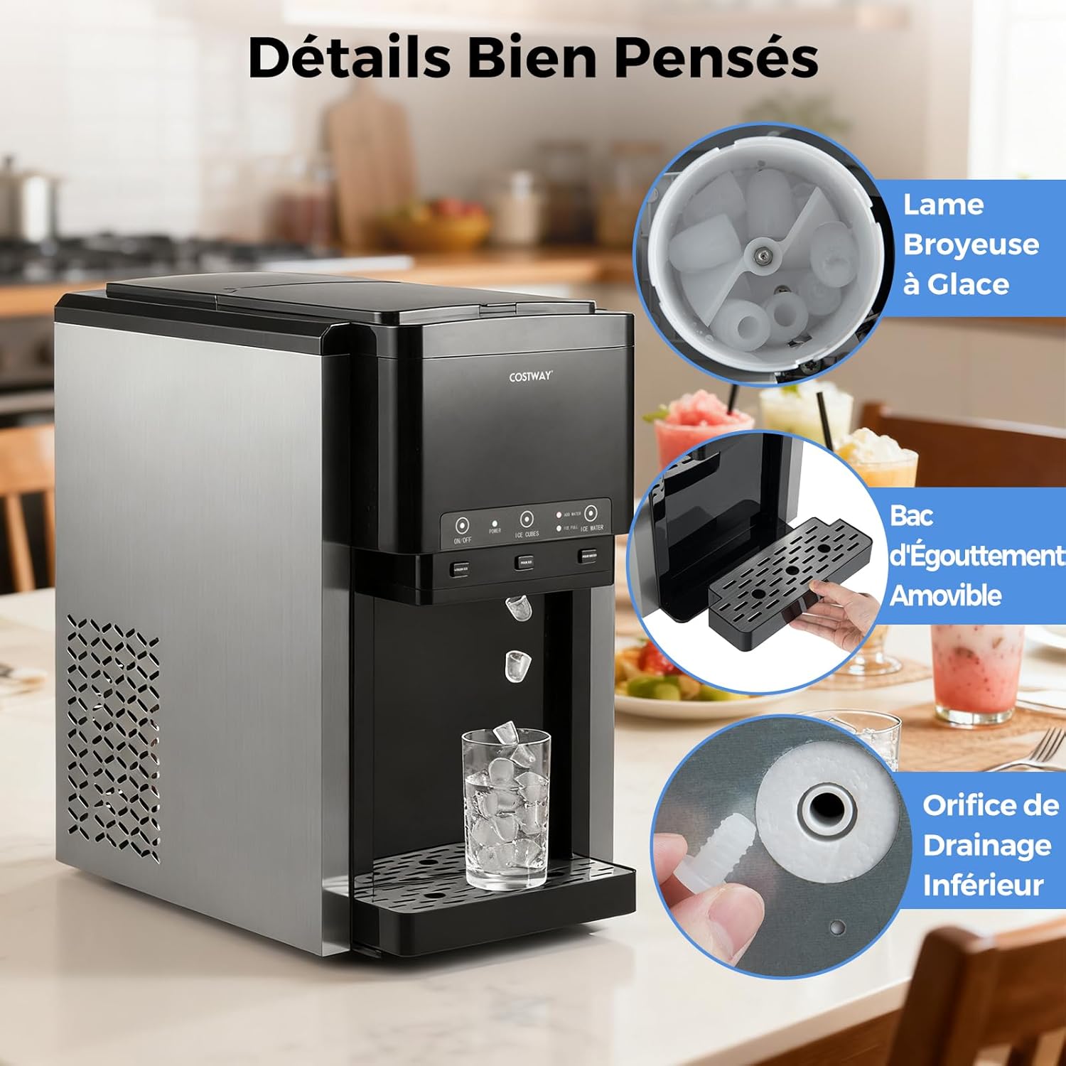 COSTWAY 3 en 1 Distributeur d'Eau avec Machine à Glaçons en Cubes et Glace Pilée 20 kg en 24h, Refroidisseur d'Eau de Comptoir, Remplissage Manuel/Automatique, pour Maison, Cuisine, Bureau – Image 7