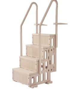 VEVOR Escalier de Piscine en Plastique avec 2 Rampes, 4 Marches Antidérapantes, Capacité de Charge 181,4 kg, pour Piscines Creusées Hors Sol 122-137 cm, Terrasse, Maison, Intérieur, Extérieur, Taupe