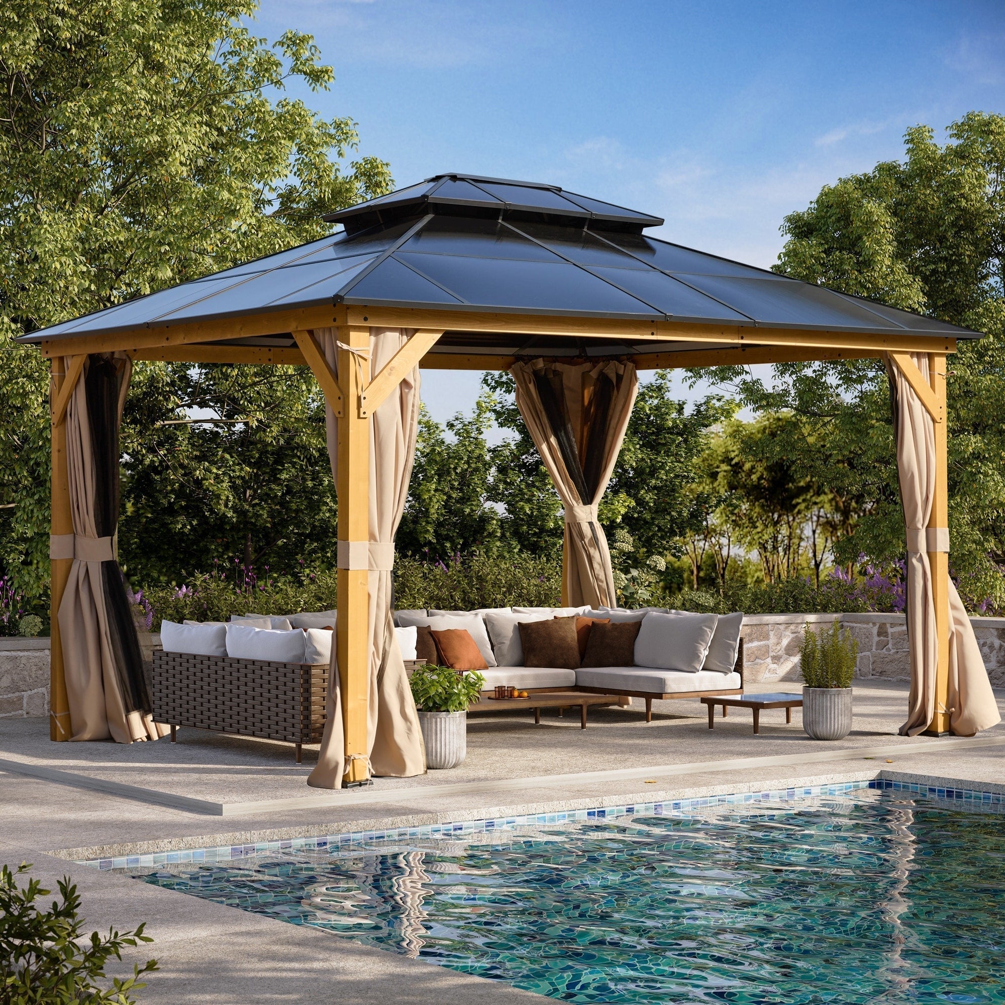 EROMMY Hardtop Gazebo,Outdoor Pergola with Double Roof & Netting & Curtains,Heavy Duty Canopy for Patio, Backyard, Pool party – Image 17