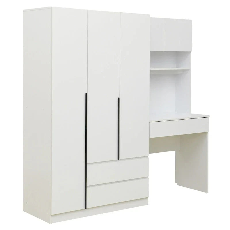 3-in-1 Wardrobe Closet with Vanity Desk, Desk Set, Bedroom Armoire with 2 Drawers 3-Door Storage Desk Wardrobe – Image 9