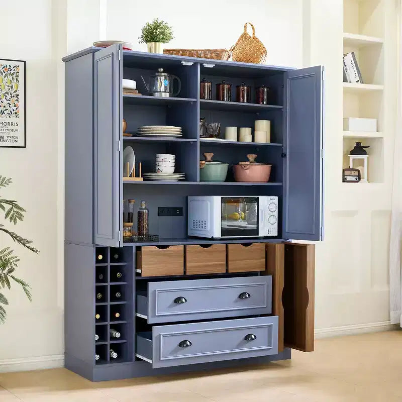 Whisen 71'' Tall Freestanding Kitchen Pantry, Large Dining Storage Cabinet Cupboard Sideboards With 4 Foldable Doors, Shelves, Wine Racks – Image 18