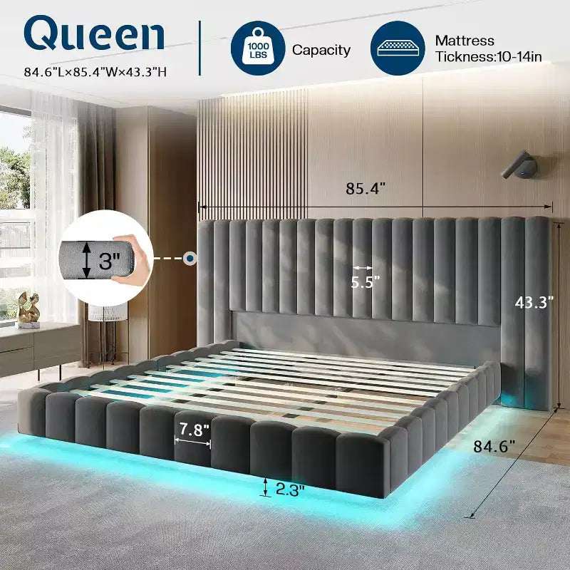 AMERLIFE Upholstered Platform Bed with LED Lights, Floating Design, Solid Slat Support – Image 11