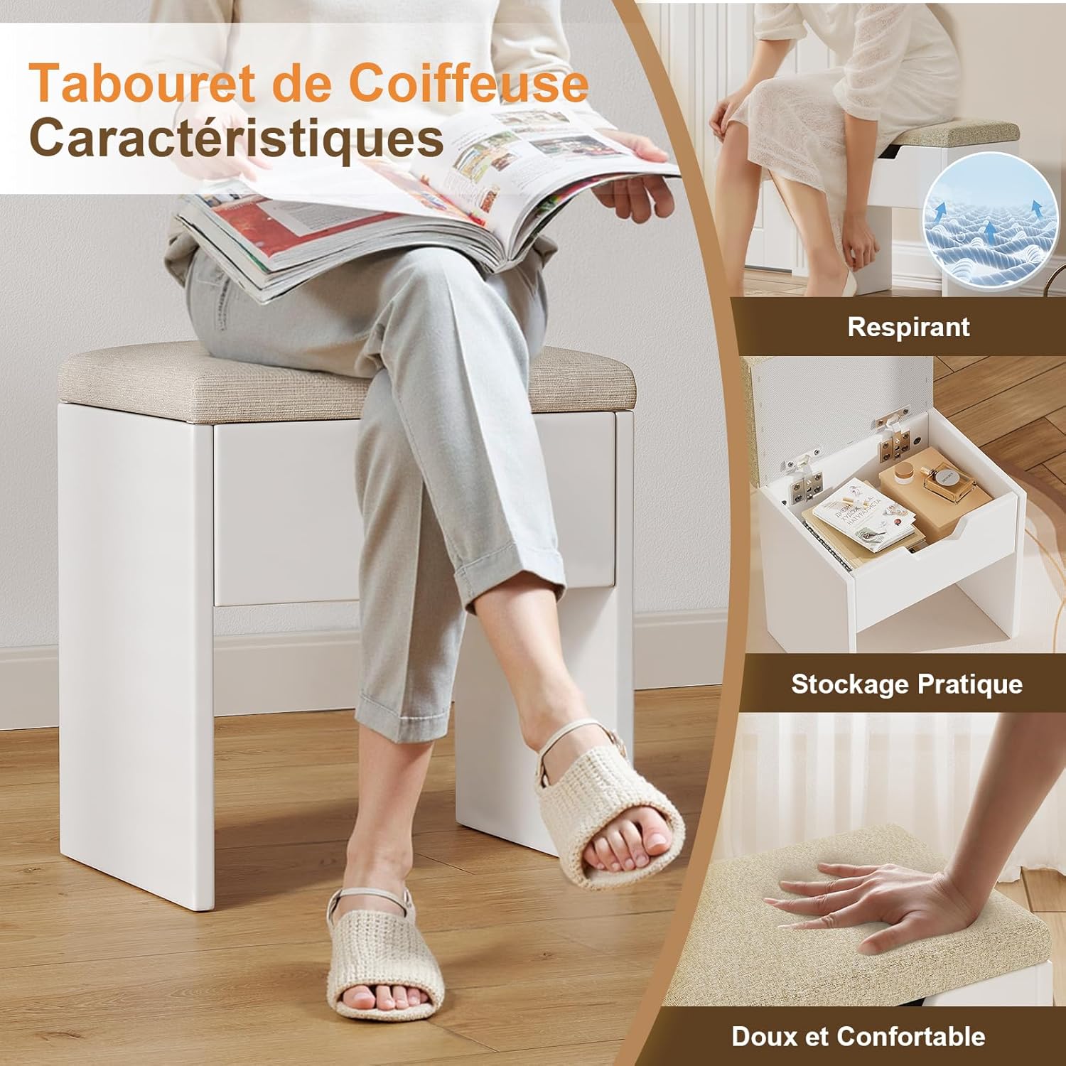 Devoko Grande Coiffeuse avec Miroir et Tabouret, Ampoules LED Réglables et Prise de Courant,Table de Maquillage avec 7 Tiroirs et 4 Étagères de Rangement,110 x 40 x 137 cm,Style Moderne Blanc – Image 7