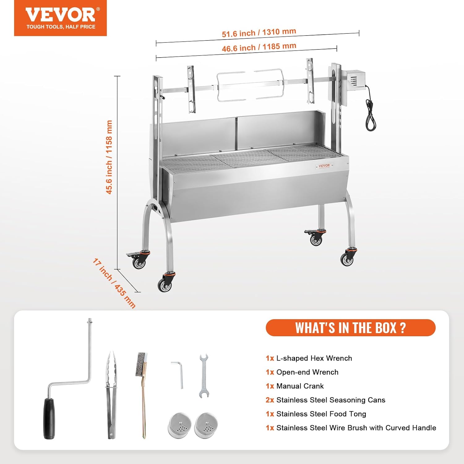 VEVOR Barbecue à Charbon avec Tournebroche Électrique 52 W Charge 90 kg, Rôtissoire Barbecue 118,5 cm, en Inox, avec Pare-Brise et Roues Verrouillables, pour Rôtir Agneau Porcelet Poulet Camping – Image 7