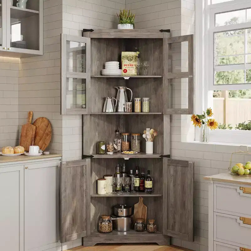 67 in Tall Corner Storage Cabinet with Lights, Farmhouse Corner Hutch Display Cabinet with Glass Doors, Wooden Storage Organizer for Kitchen, Bathroom – Image 13