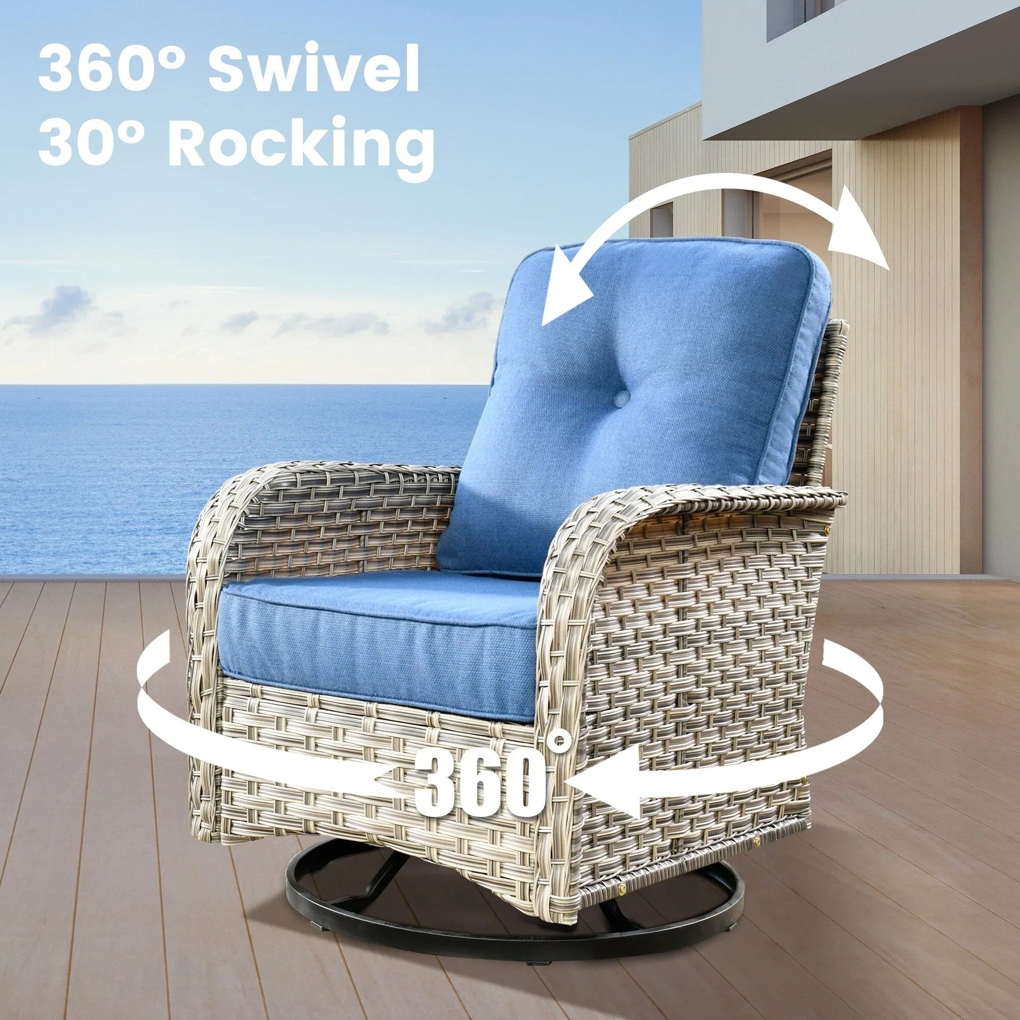 OVIOS 9 Pieces Outdoor Wicker Swivel Chair Set With Fire Table – Image 7