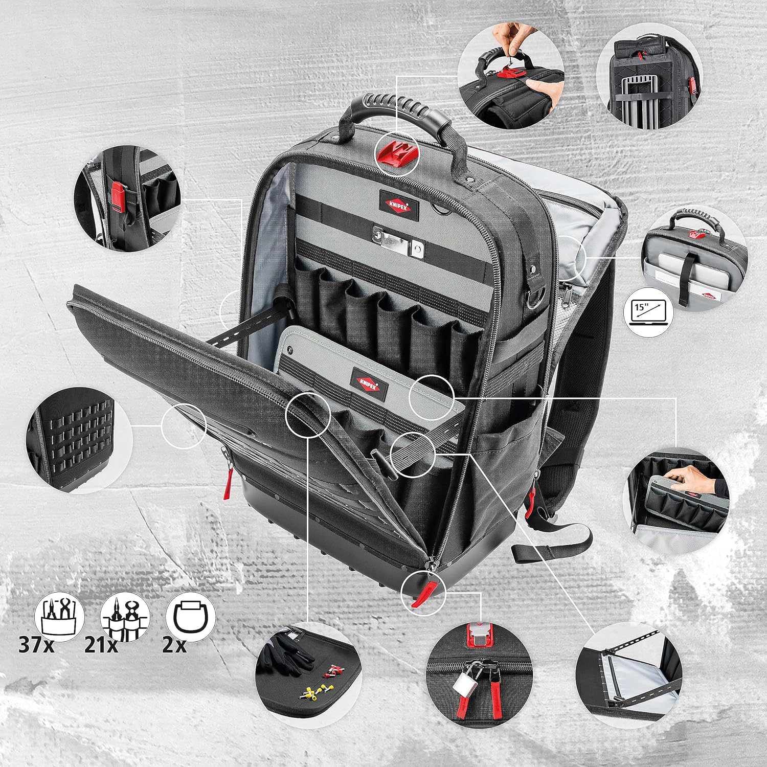 Knipex Modular X18 sac à dos à outils, vide, 58 compartiments d'insertion, 18 l, pochette pour ordinateur portable, 530 x 340 x 210 mm, 00 21 50 LE – Image 4