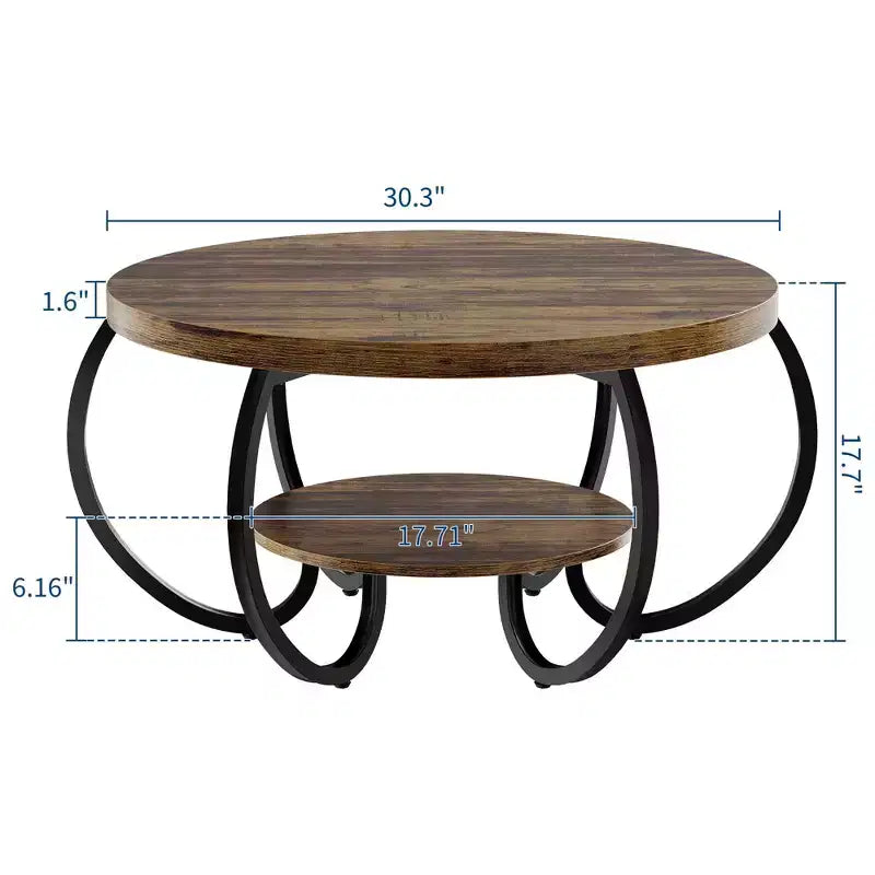 30 Inch Round Industrial Coffee Table 2-Tier with Adjustable Feet Wood Grain Shelf Flame Design Easy Assembly Living Room – Image 2