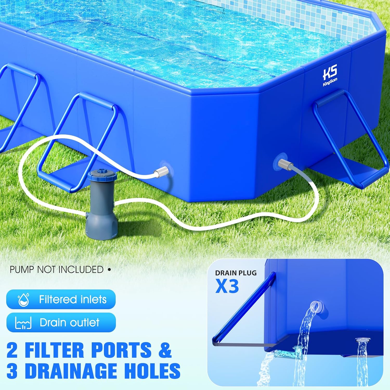 KingSom Piscine Tubulaire rectangulaire,Piscine hors Sol rectangulaire,Surdimensionné et Épaissi,Piscine Metal Frame Piscine Tubulaire,Facile à Ranger,Piscine Pliable,Piscine Adulte, 300 x 185 x 51 cm – Image 6