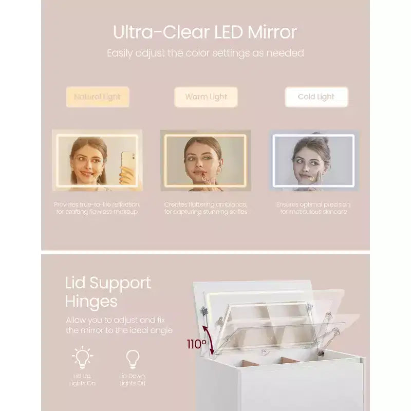 5-Drawer Dresser with Vanity Mirror and Touch Control Adjustable Lights, Modern Chest of Drawers for Bedroom, Sturdy Storage Furniture, Snow White – Image 3