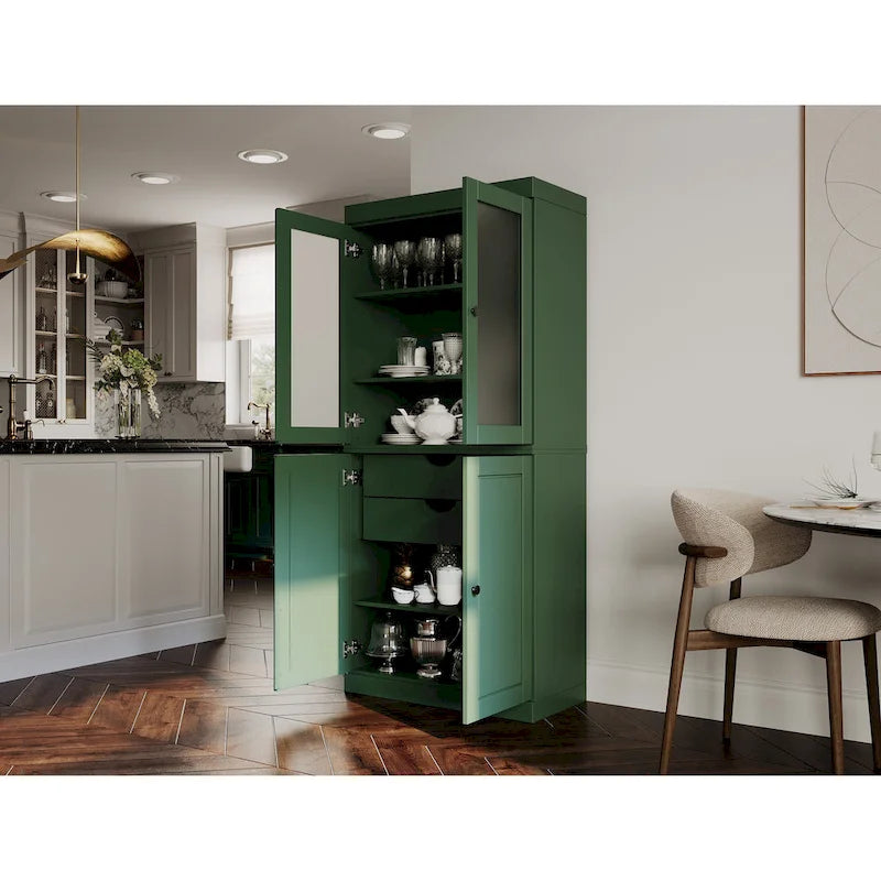 100% Solid Wood Pantry Cabinet with Frosted Glass Doors, Solid Doors, 2-Drawers and Adjustable Shelves – Image 38