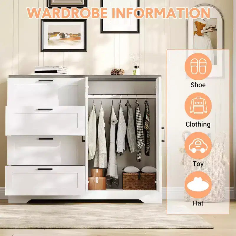 43.3'' H Multifunctional Wooden Dresser, 2 Door Wardrobe Armoire Closet with 4 Drawers and Hanging Rod, Wooden Dresser Cabinet for Bedroom – Image 6