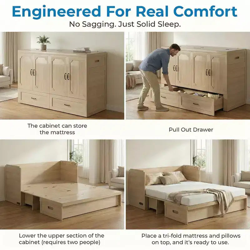 Mjkone Queen Size Convertible Murphy Cabinet Bed with Mattress, USB Charging, Storage Drawers – Image 14