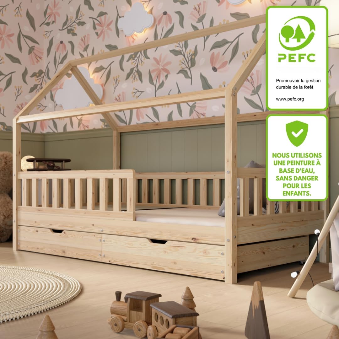 Crazy Blanco Lit de maison avec tiroirs, 90 x 190 cm, en bois naturel, avec protection anti-chute, design scandinave, lit de sol Montessori avec espace de rangement supplémentaire – Image 3