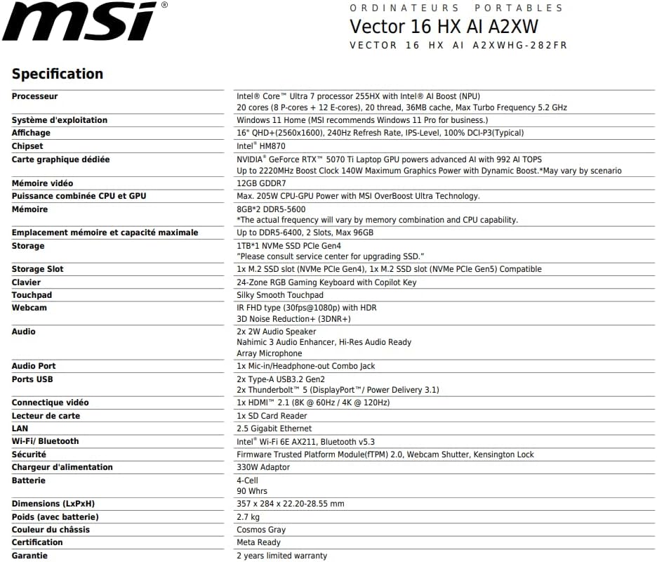 MSI Vector 16 HX AI A2XWHG-282FR :Ultra 7 255HX – 16GB DDR5 – SSD 1TB – Nvidia RTX5070Ti 12GB – 16” QHD+ 240Hz – Windows 11 Famille – Image 9
