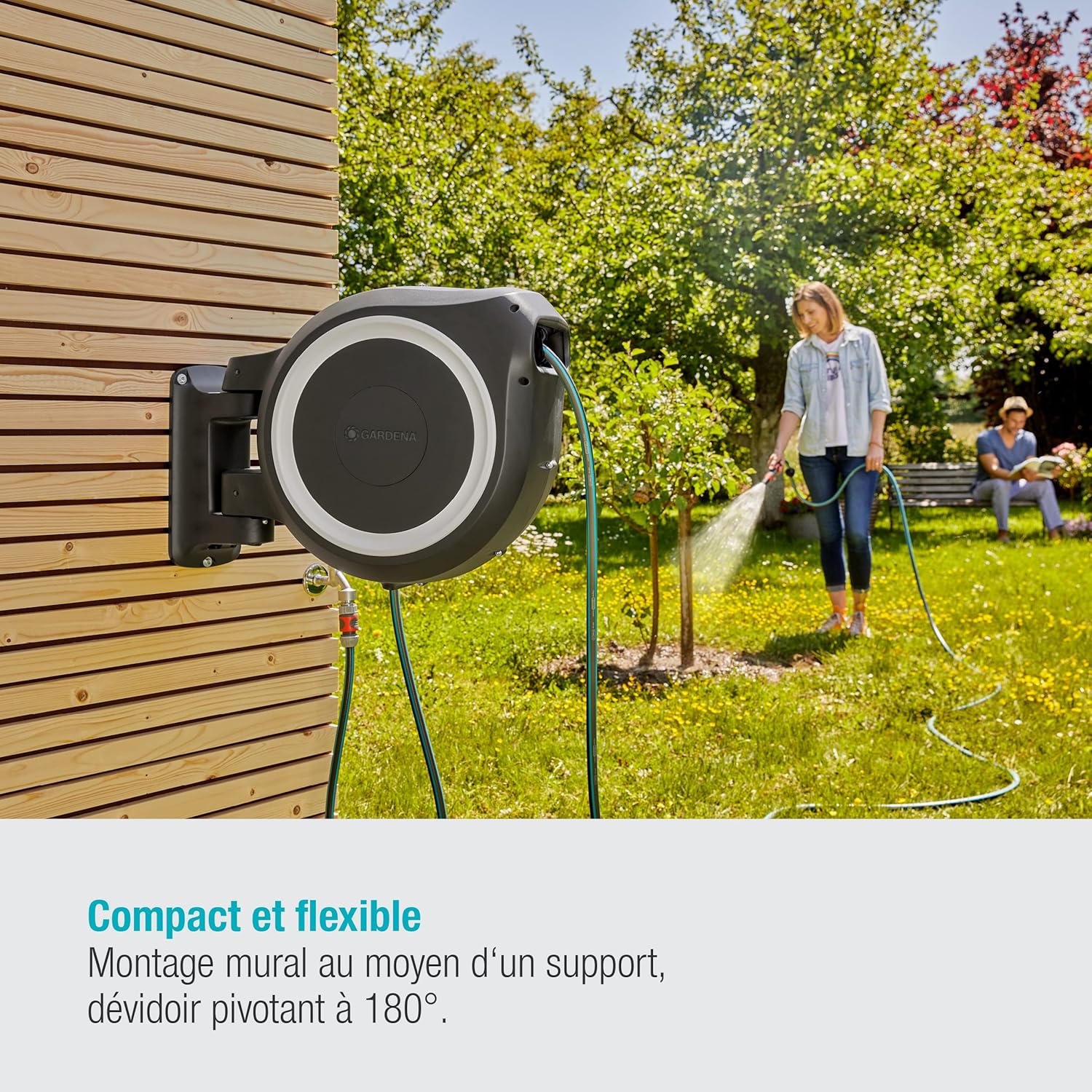 Gardena Enrouleur de Tuyau Mural Rollup L (Blanc) – Longueur 30m – Ø13mm– Garantie 5 Ans– Dévidoir pivotant à 180°– Kit Complet avec Lance, raccord, Tuyau et Support Mural Inclus (18627-20) – Image 2