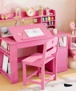 Kids Study Desk & Chair Set with Storage, Kids Study Desk with Hutch and Tiltable, for 3-8 Years Old, Student Writing Table for Bedroom