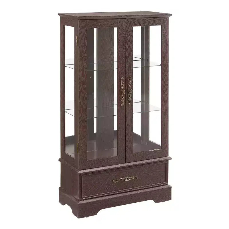 Lighted Glass Curio Cabinet with Adjustable Shelves - Elegant 2-Door Display Cabinet & Built-in Drawer, Includes Bulb – Image 20