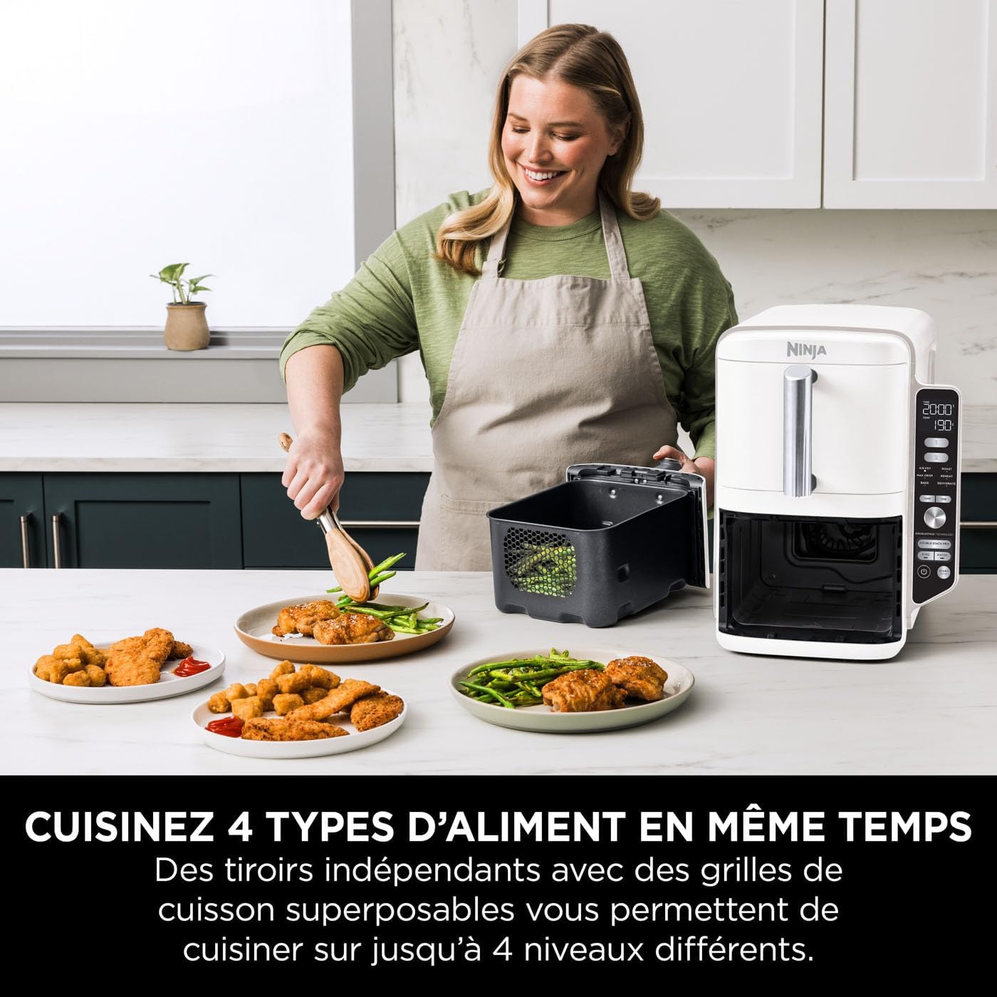 NINJA Double Stack XL Air Fryer, Friteuse sans huile Verticale Double Tiroir 4 Niveaux de Cuisson, 2 Tiroirs, 2 Grilles, Capacité de 9,5 L, 6 Fonctions, 8 Portions, Pinces, Blanc SL400EUWH – Image 4