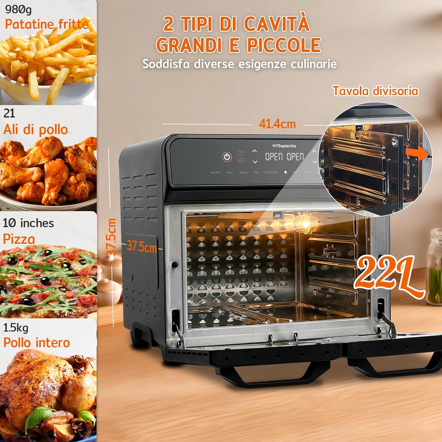 HYSapientia Four de 22 litres, Friteuse à air chaud, double panier, Friteuse à air chaud, 2400 W, 2 paniers en acier inoxydable, 10 fonctions, double température, divisée en deux gammes de serrage – Image 3