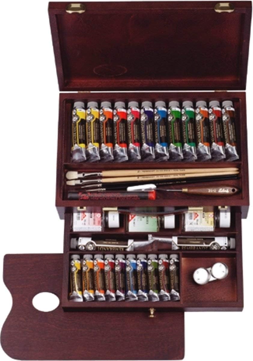 Rembrandt Professional Oil Paint Set in Luxury Wooden Box Master | 24 Colours + Brushes & Accessories
