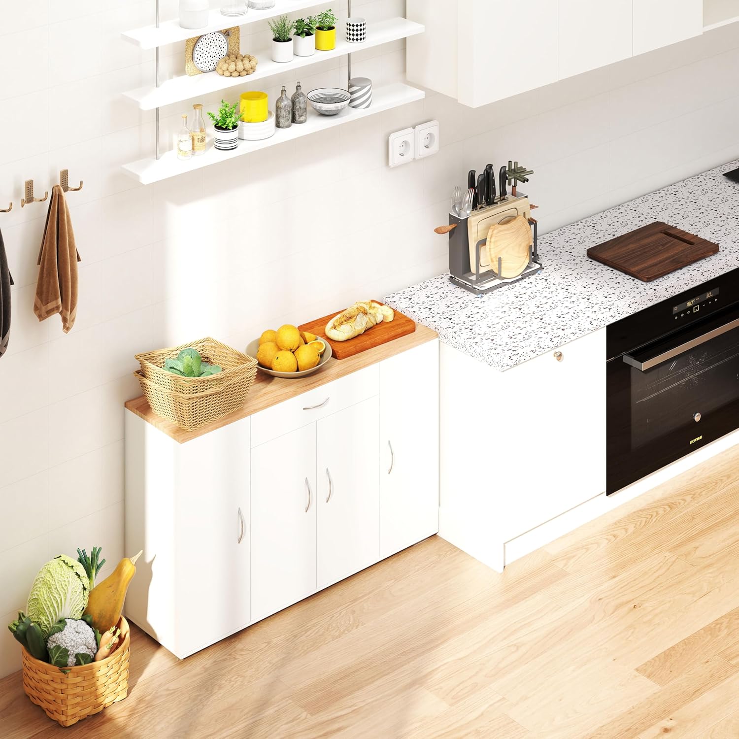 Meuble Cuisine Rangement avec Plan de Travail avec 4 Portes et 1 tiroir, Meuble de Rangement Cuisine Blanche Moderne – Image 7