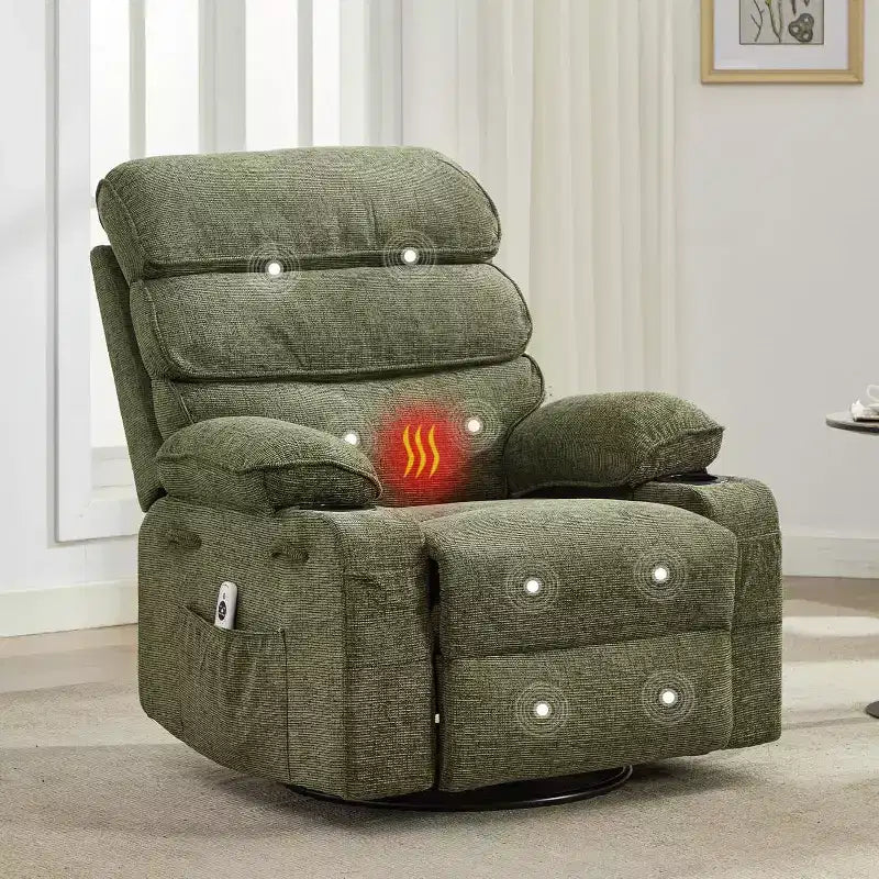 Massage Rocker Recliner with Heating, 360 Swivel Glider Recliner Chairs for Adults, Linen Nursery Chair with Side Pocket, Two Cup Holders – Image 9