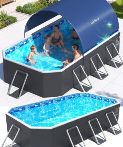 Luxfero Piscine Rectangulaire Tubulaire avec Auvent, Piscine hors sol Pliable Grande, Metal Frame Piscine Tubulaire Épaissi, Facile à Ranger&Épuisement Piscine pour Jardin et Famille,228 x 127 x 50 cm