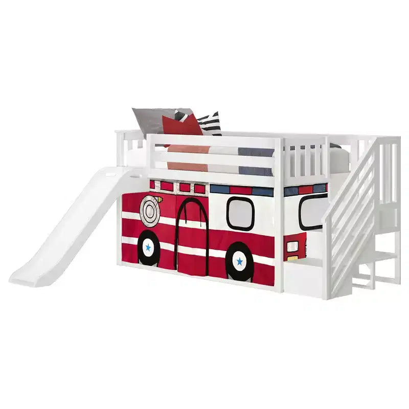 Low Twin over Twin Bunk With Stairs, Easy Slide & Firetruck Curtain – Image 13