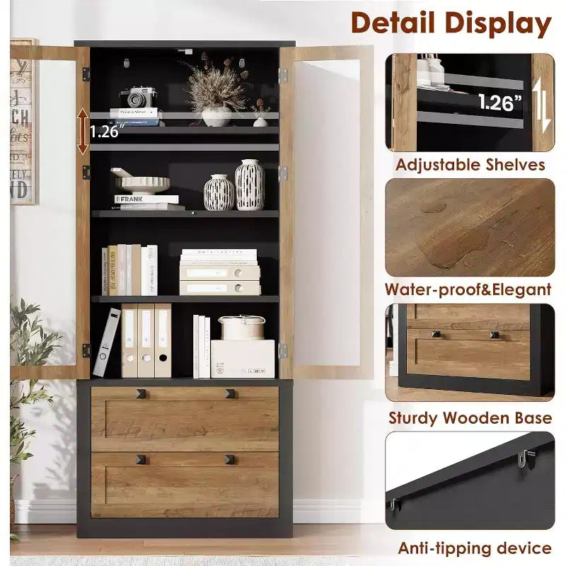 Farmhouse Kitchen Pantry Cabinet with Glass Doors, 72in Storage Cupboard with Drawers and Adjustable Shelves for Dining Room Bathroom Living Room – Image 7