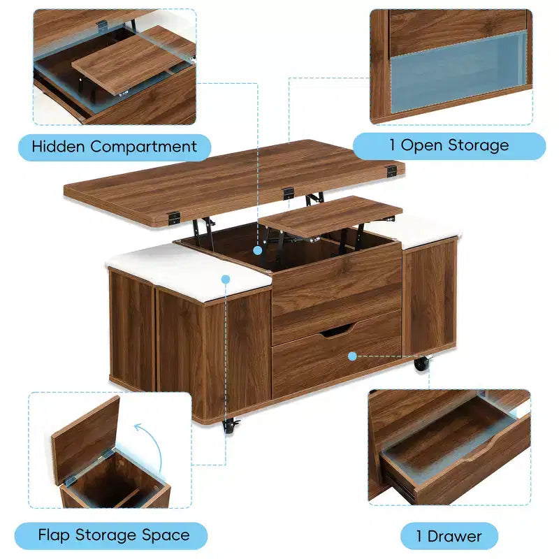 Zeus & Ruta Multi-Function Modern Lift-Top Coffee Table with Hidden Storage, 4 Stools and Casters, Perfect for Modern Living Spaces – Image 40