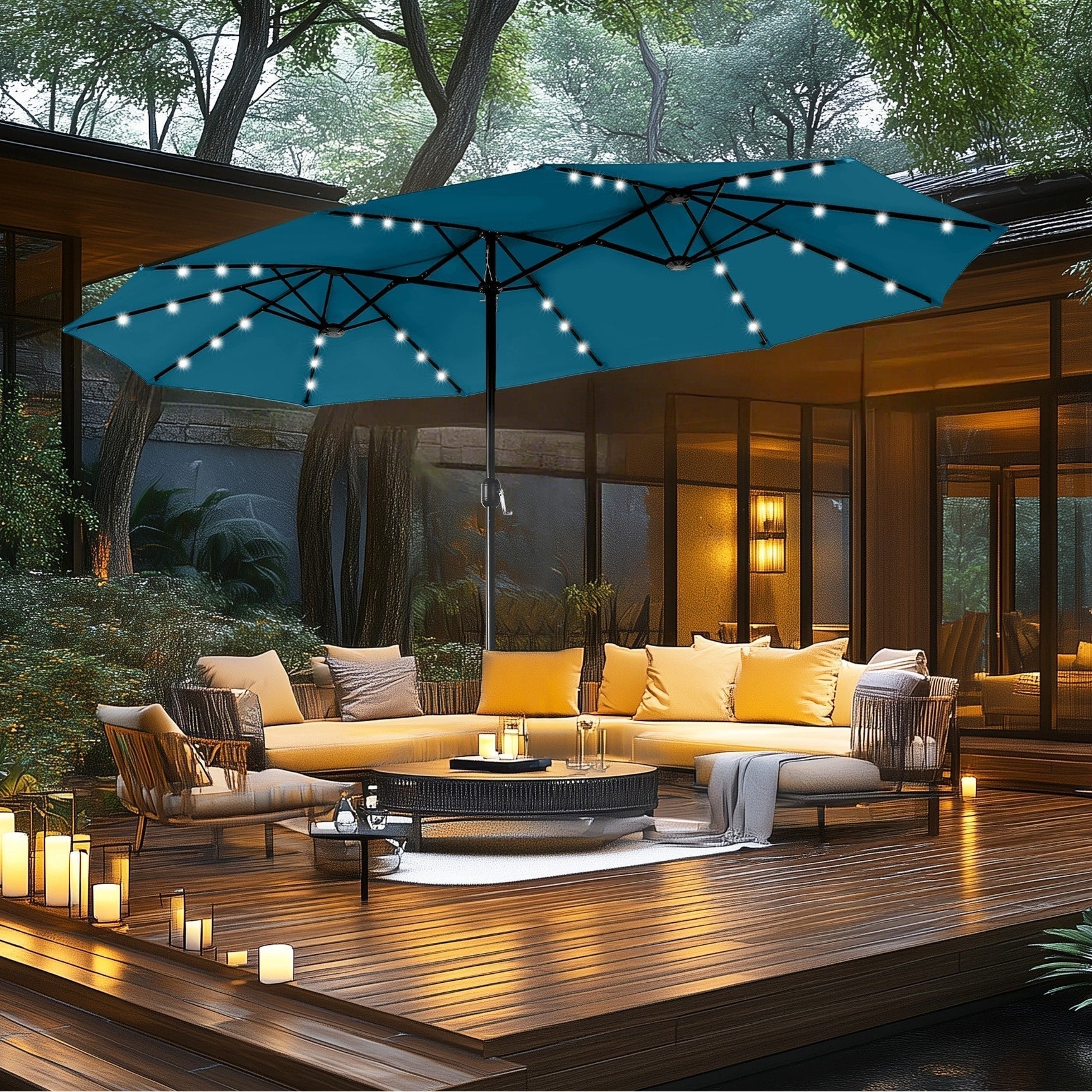 MAISON ARTS 15-foot Rectangular Crank Double-sided Outdoor Market Umbrella Solar LED Lighted Patio Umbrella with Base Included – Image 18