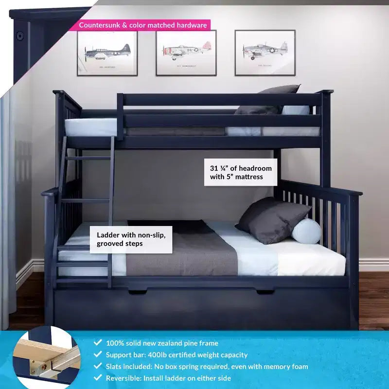Max & Lily Solid Wood Bunk Bed, Twin over Full with Storage Trundle and Ladder for Kids – Image 5