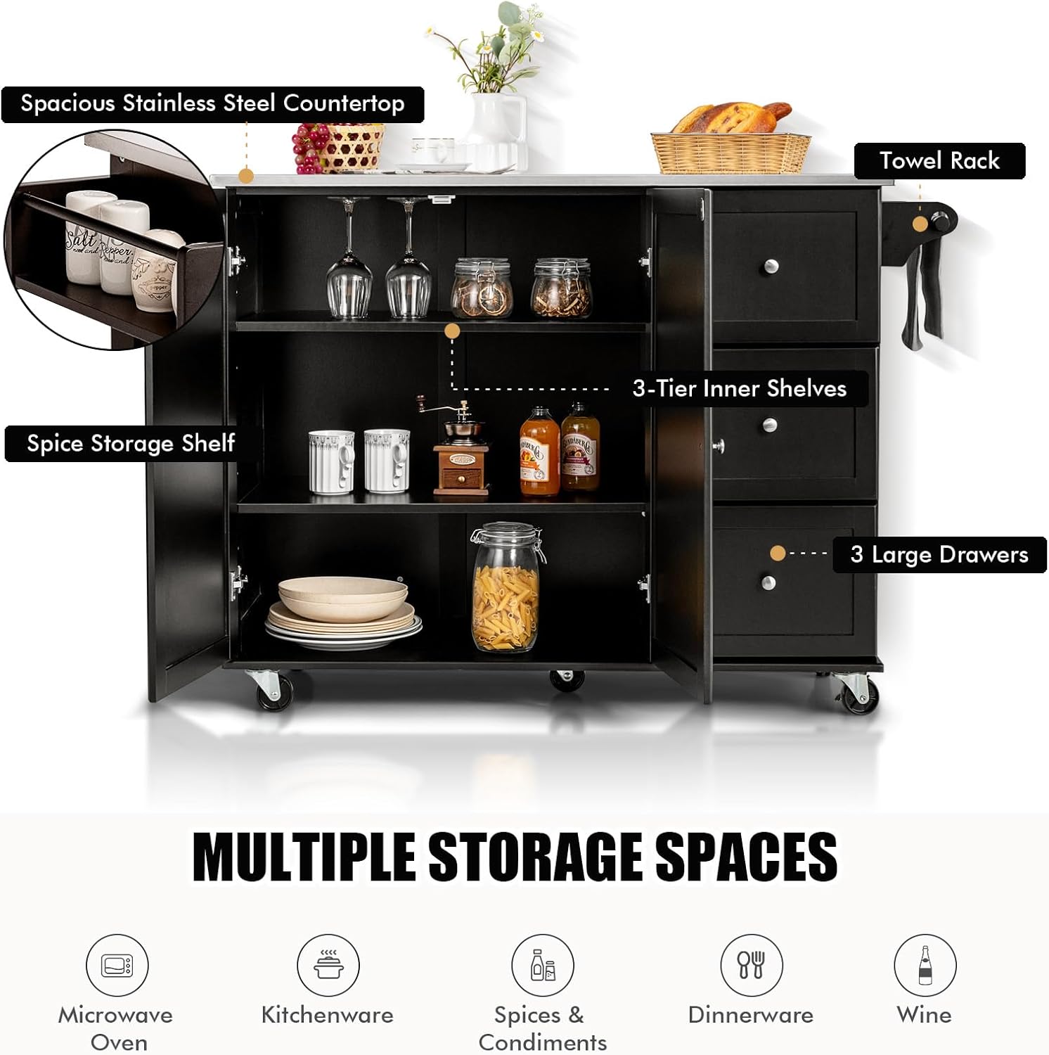 KOMFOTTEU Îlot Central Mobile avec Plan de Travail en Acier Inoxydable, Chariot de Cuisine avec 3 Tiroirs, Porte-Serviettes et Étagère réglable, Desserte sur roulettes, 135 x 45,5 x 91,5 cm Noir – Image 3