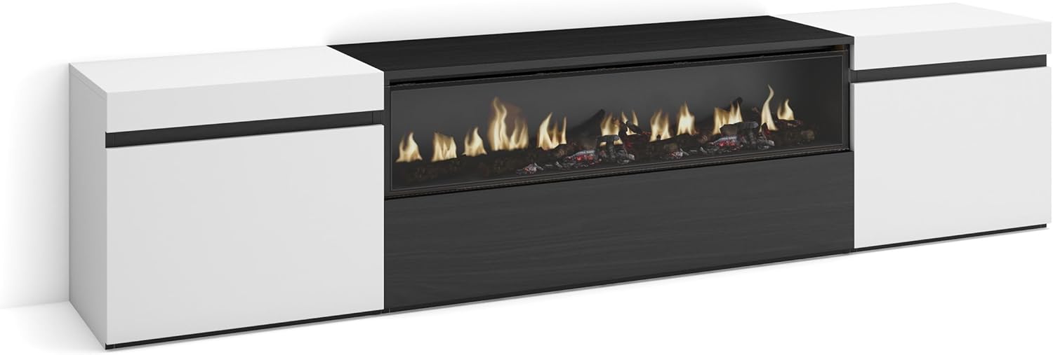 Skraut Home | Meuble TV | Banc Télé | Grand Espace de Rangement | 200x45x35cm | pour Les TV jusqu'à 80 | Cheminée électrique | Style Moderne | Blanc et Noir