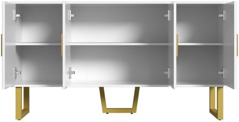 Buffet Salon Blanc Moderne avec 4 Portes Texturées, Façade Brillante, Poignées Dorées, Meuble Elégant, 150x40x82cm – Image 4