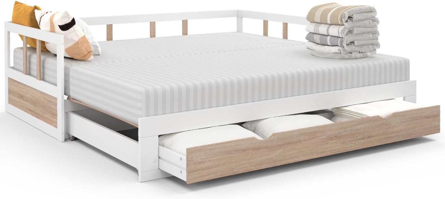 IDMarket - Lit Banquette 90 x 190 cm Zoya Convertible 180 x 190 cm Blanc et hêtre avec 1 tiroir de Rangement – Image 5