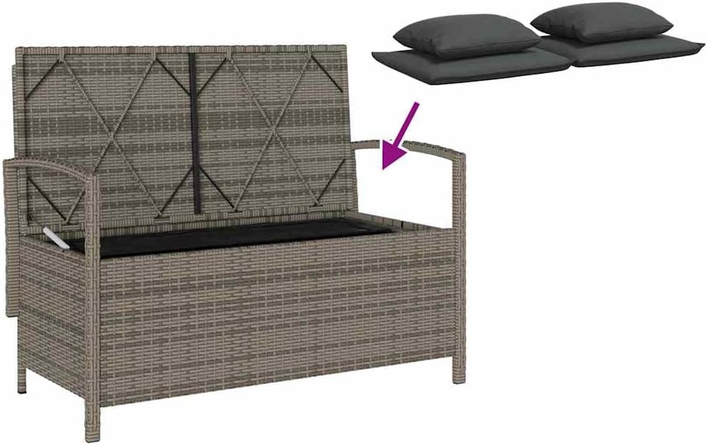 vidaXL Banc de Rangement de Jardin avec Coussin Gris résine tressée, Banc de Jardin, Banc de Jardin, Banc de Patio, Banc d'extérieur, Banc de Parc – Image 4