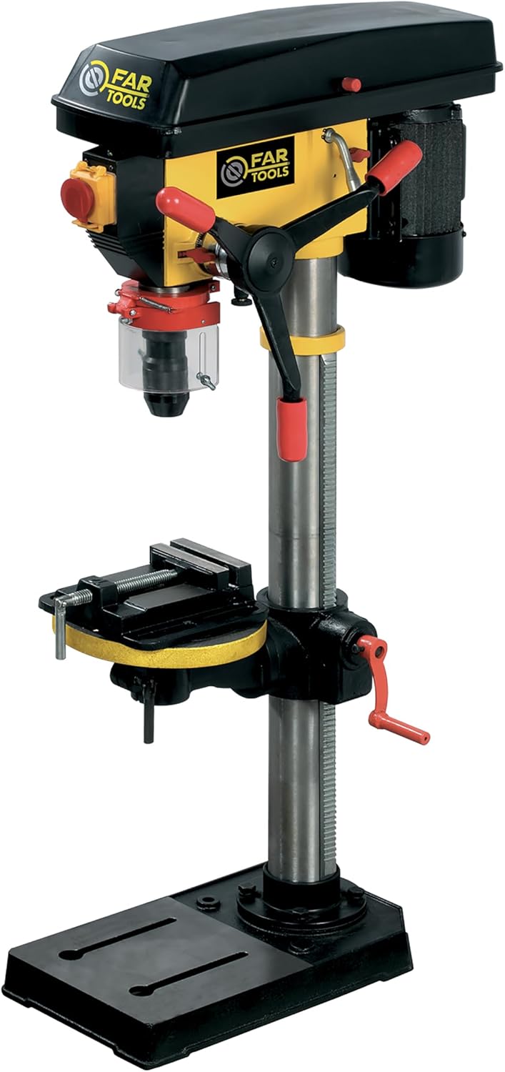 Fartools Perceuse d'établi 750W, hauteur 1m, col de cygne 180mm, mandrin autoserrant 16mm, 16 vitesses de rotation 180-2770tr/min, étau 100mm