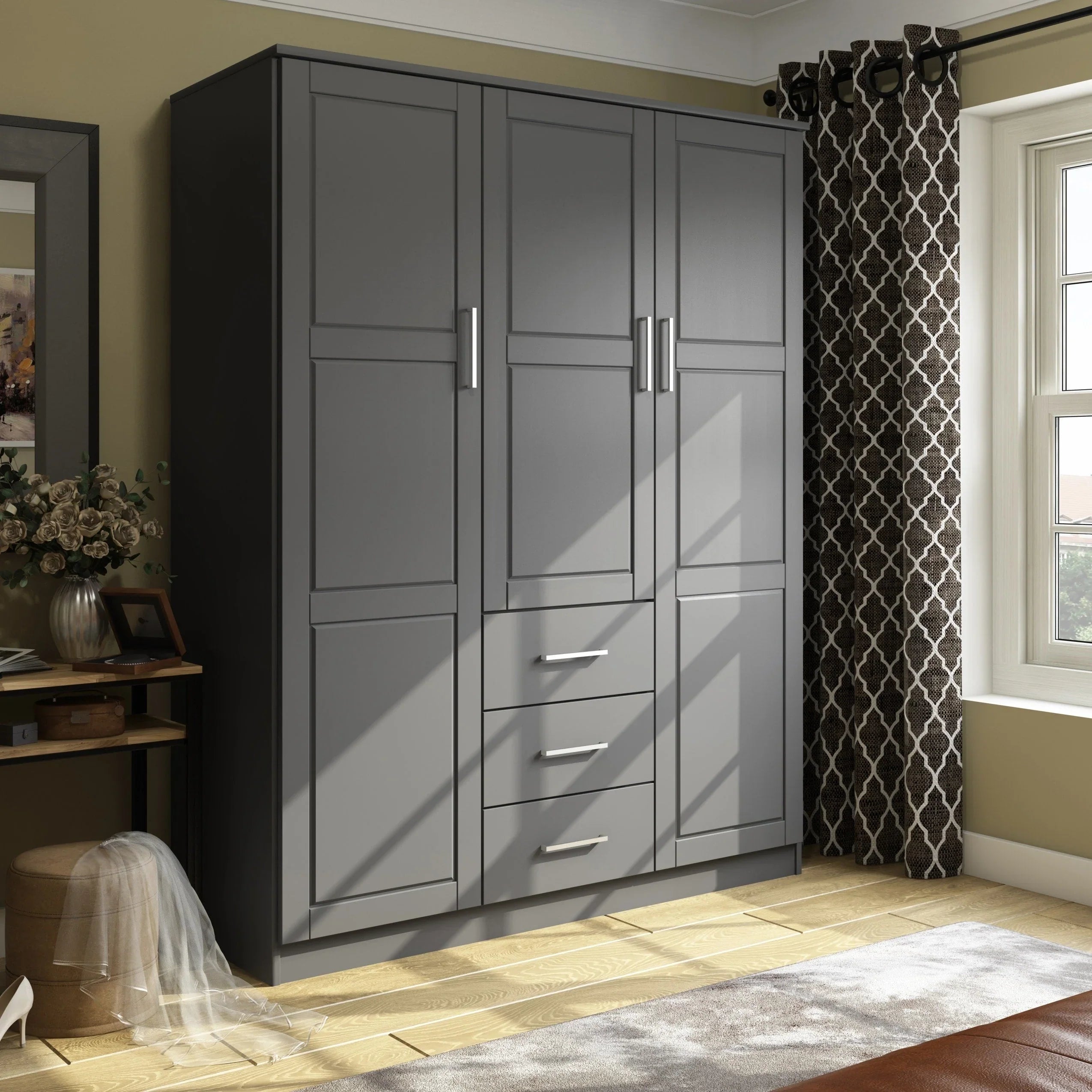 Palace Imports 100% Solid Wood Cosmo 3-Door Wardrobe Armoire with Solid Wood or Mirrored Doors – Image 37