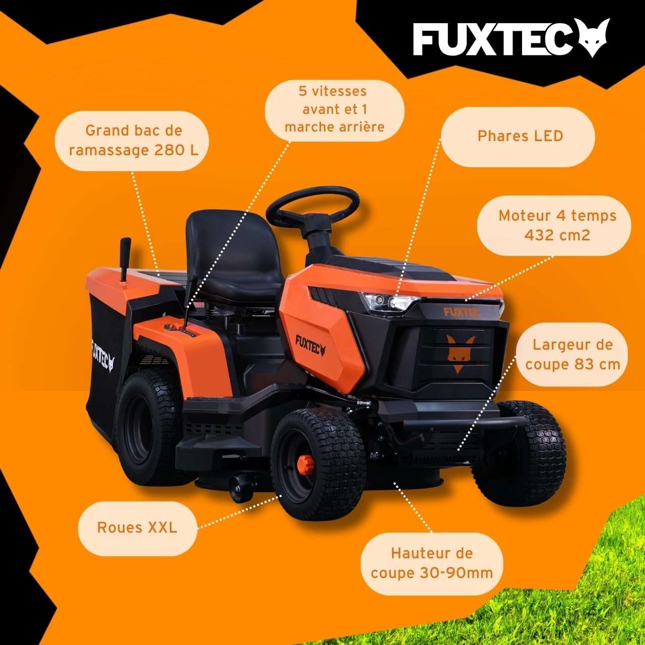 FUXTEC Tondeuse autoportée FX-RMT84M - Tondeuse autoportée à Essence avec Largeur de Coupe 83 cm - Moteur 8,8 KW 432 cm³ - 6 hauteurs réglables - bac 280 L - Marche arrière RMO - boîte Manuelle 5+1 – Image 6